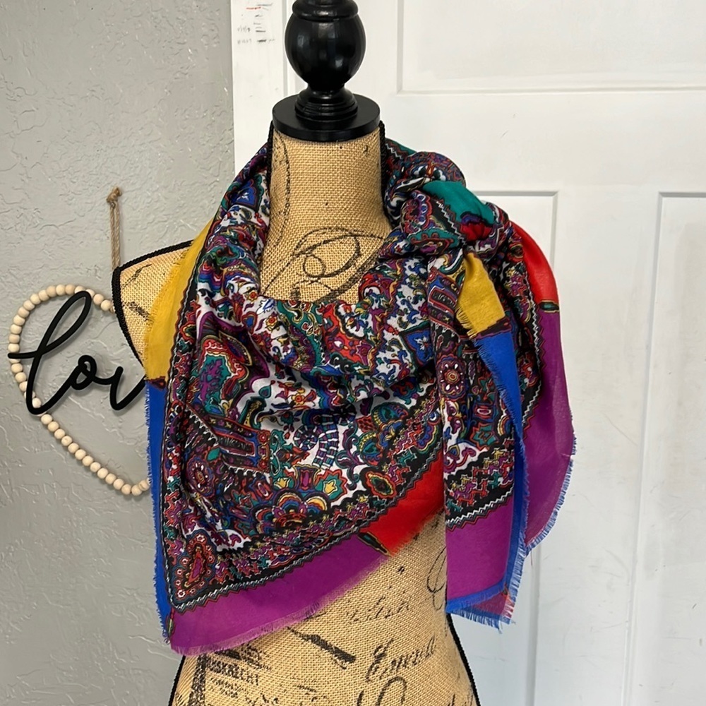 90’S COLORFUL SCARF WITH COLORBLOCK AND RAW HEM OUTER - Picture 3 of 14